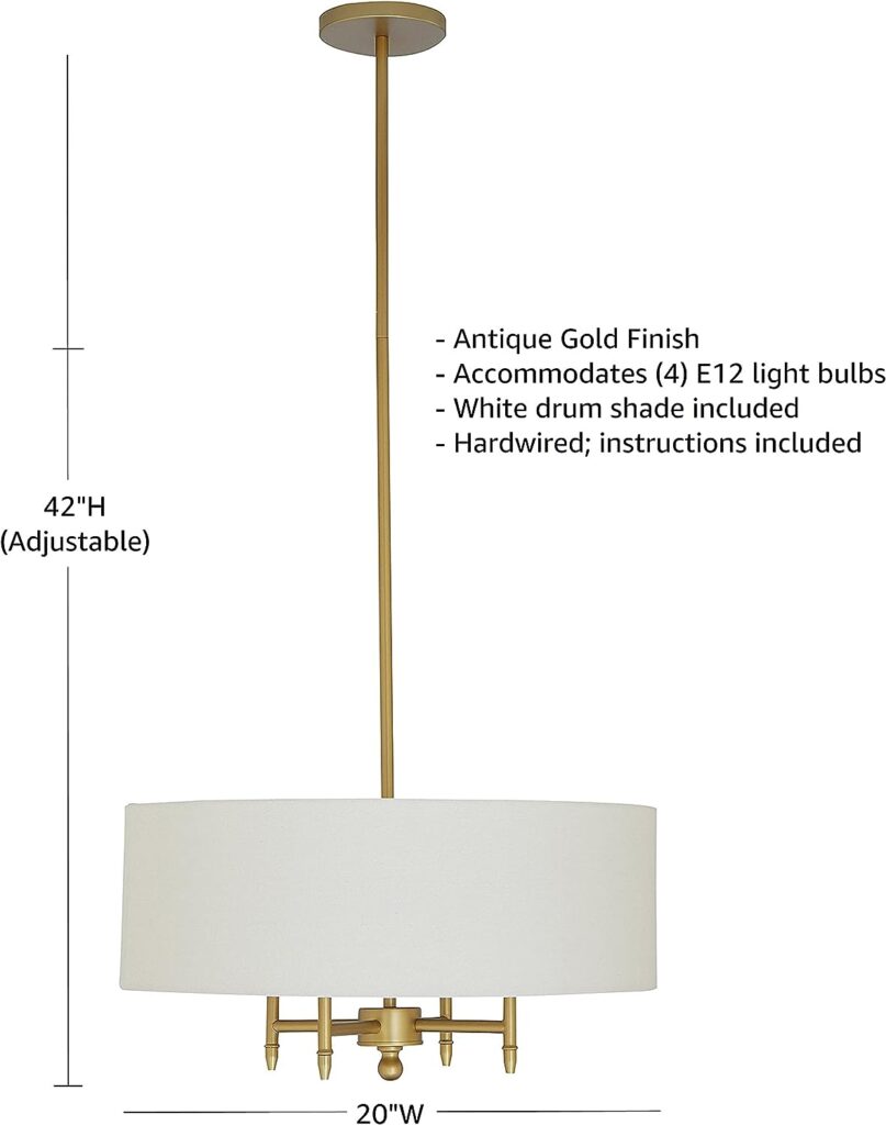 Amazon Brand – Stone Beam Contemporary Pendant Chandelier with White Shade - 20 x 20 x 42 Inches (Adjustable Height), Antique Brass