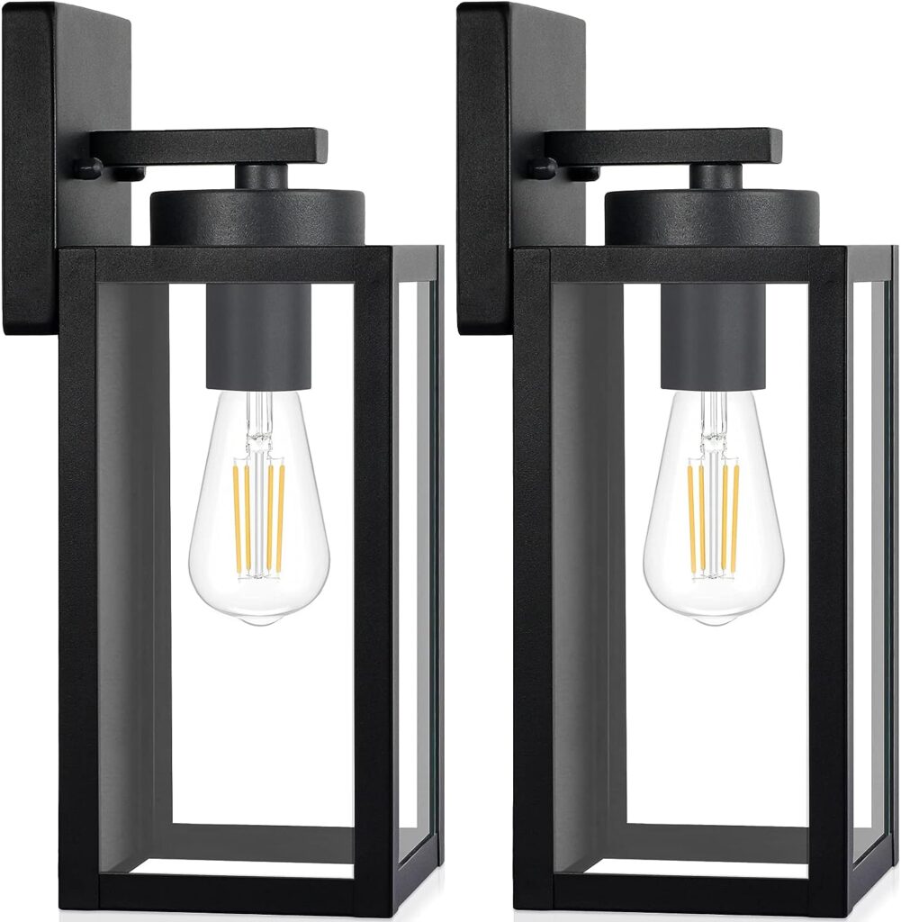 Outdoor Wall Light Fixtures, Exterior Waterproof Wall Lanterns, Porch Sconces Wall Mounted Lighting with E26 Sockets  Glass Shades, Modern Matte Black Wall Lamps for Patio Front Door Entryway, 2-Pack