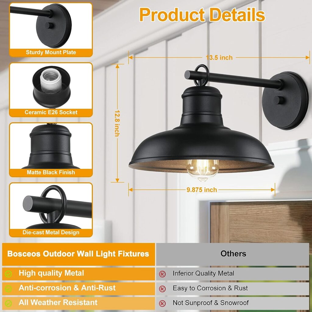 Outdoor Wall Lights - 2-Pack Black Wall Sconces, Farmhouse Barn Lights, Modern Indoor Wall Mount Lighting Fixtures with E26 Socket, Anti-Rust Waterproof Exterior Wall Lantern for Patio Porch Doorway