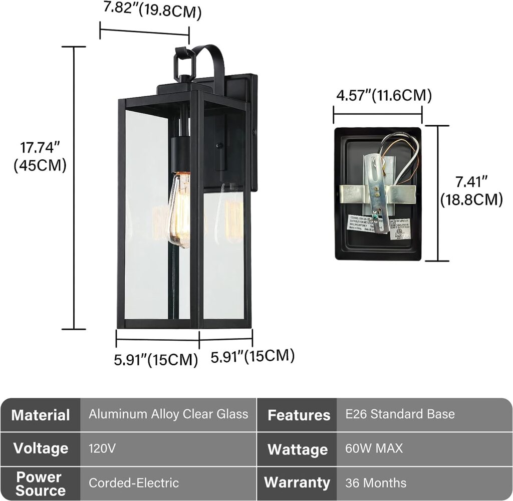 Pia Ricco Large Size Outdoor Wall Lights, 18 Inch Oversized Matte Black Exterior Light Fixture with Clear Glass, Waterproof Front Porch Lighting, Modern Sconces Lantern for House, Garage, ETL Listed