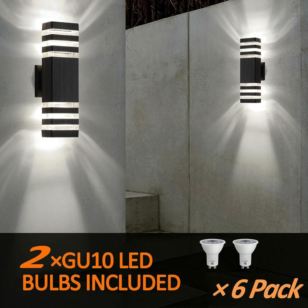 tewei 6 Pack Up and Down Outdoor Wall Lights, 3-layer Black Modern Exterior Light Fixture Wall Mount Outside Light for House, IP65 Waterproof Aluminum Outdoor Wall Sconces for Garage Porch Patio,3000K