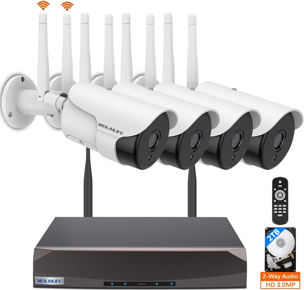 【2-Way Audio  2-Antenna Enhance】 HD 3.0Megapixel Outdoor Wireless Security Camera System, WiFi Surveillance Camera System, 5.0MP 4-Cams 10 Channel Waterproof Home Video Surveillance